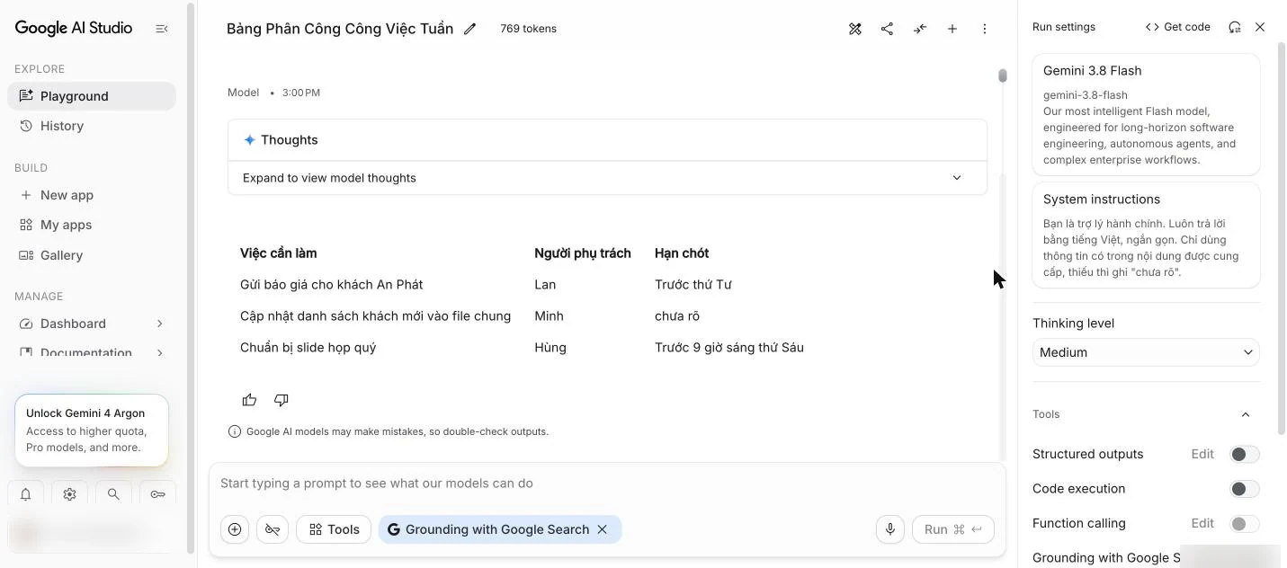 Kết quả trả về dạng bảng