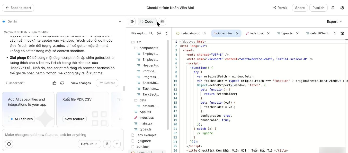 Xem code và nút Export