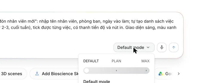 Chọn chế độ Default, Plan, Max