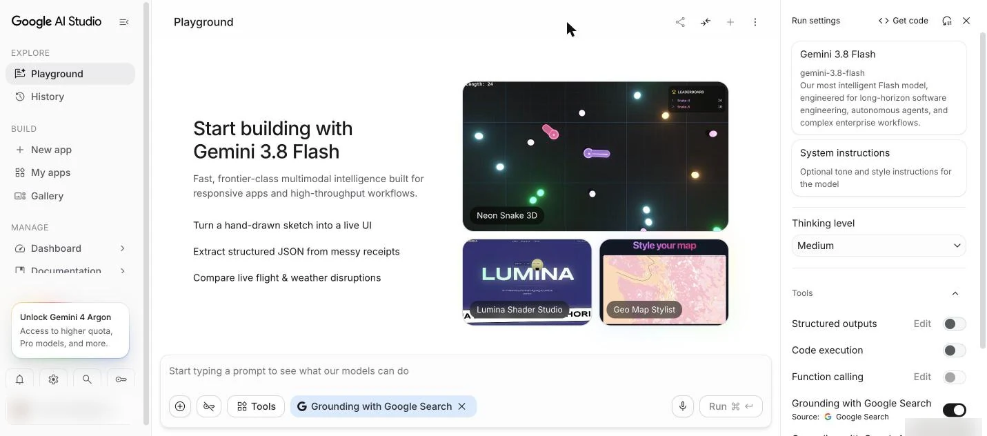 Màn hình Playground của Google AI Studio