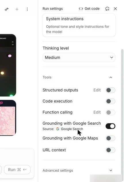 Danh sách công cụ trong Run settings